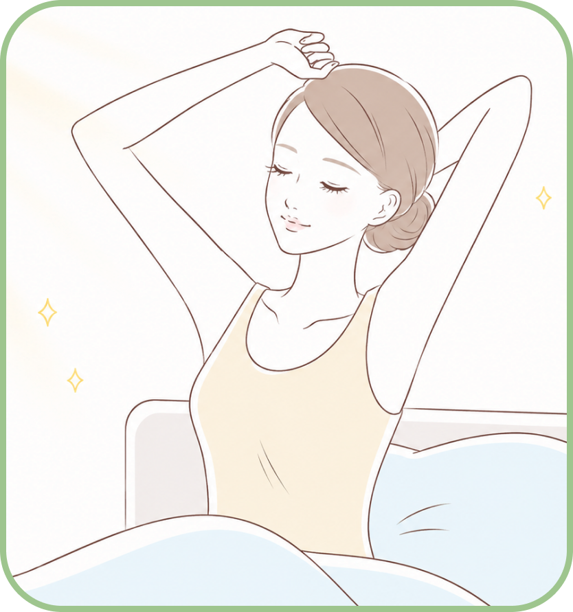 朝起きたあと、伸びをする女性のイラスト（緑の枠付き）