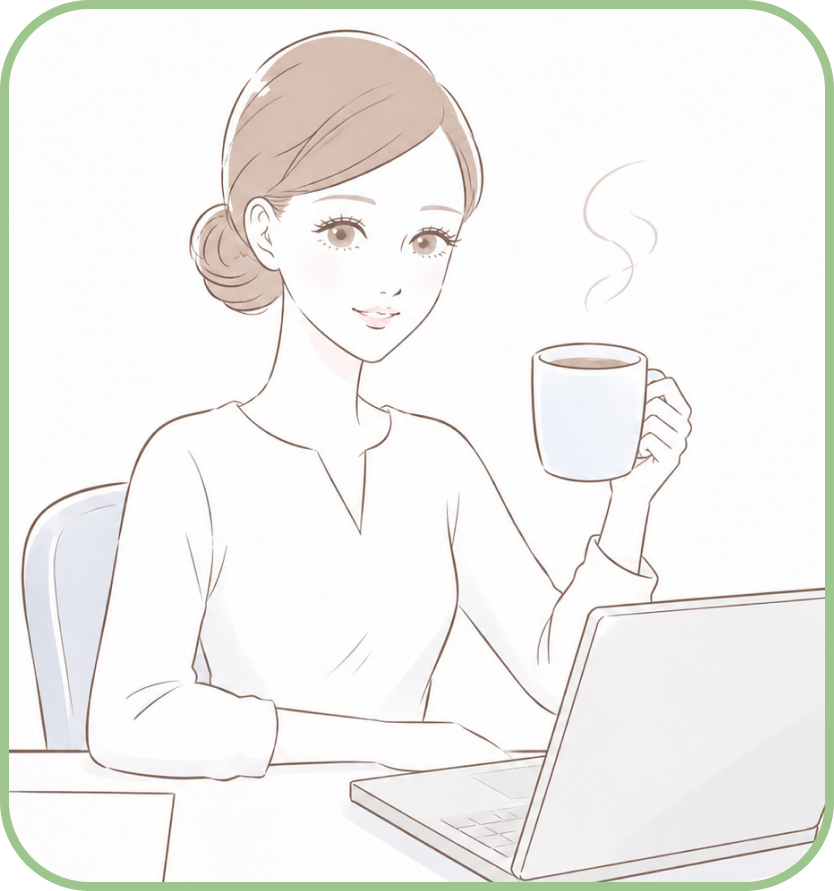 日中、コーヒーを片手にPC作業をする女性のイラスト（緑の枠付き）