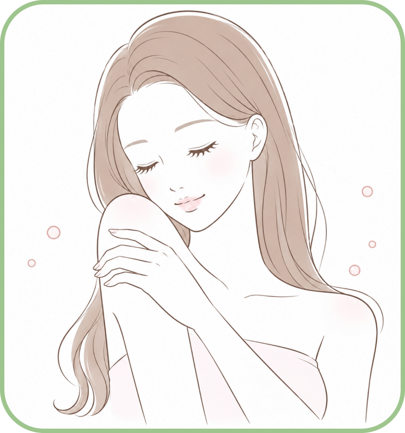 お風呂上がり、うるおいを感じる女性のイラスト（緑の枠付き）