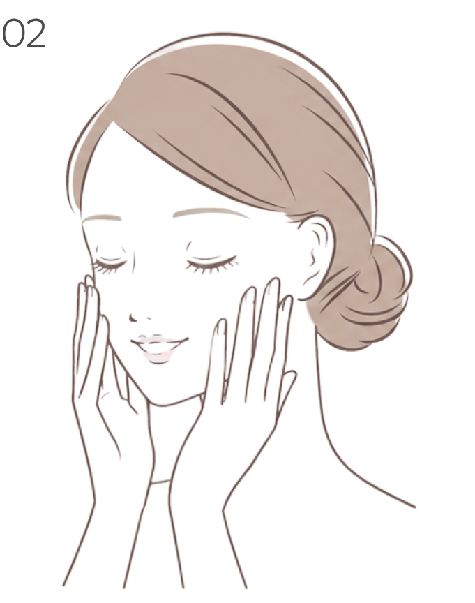 ステップ02：クリームをお顔全体になじませるように伸ばしているイラスト