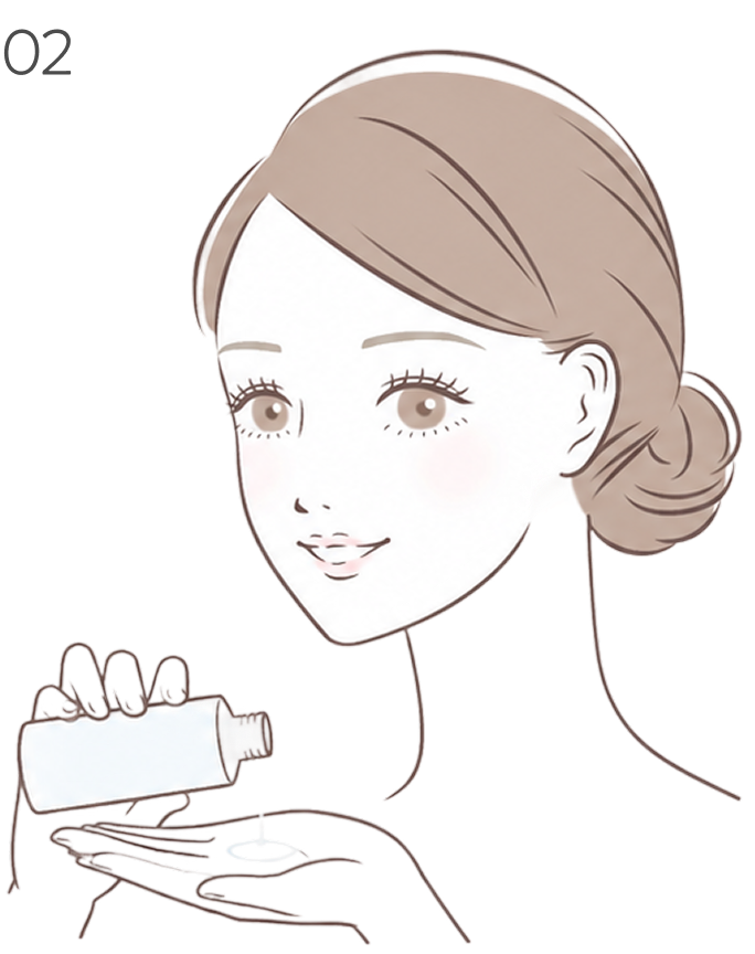 ステップ02：化粧水を手のひらにとっているイラスト