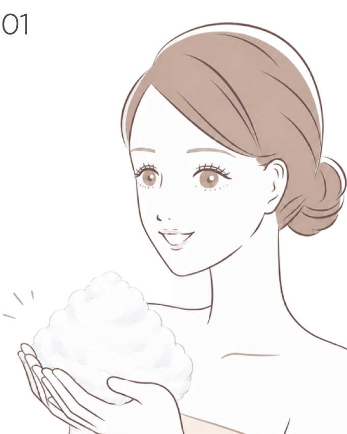 ステップ01：石けんを泡だてているイラスト